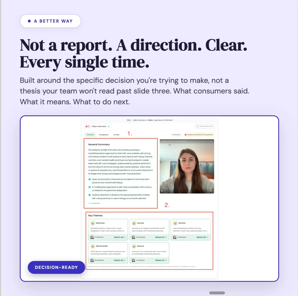 Website landing section for a consumer insights platform, showing the video-interview analysis view beneath it.