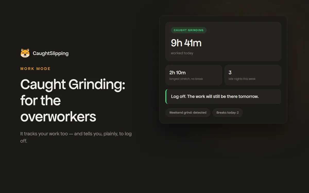 App Store panel for a screen-time app's Work Mode — “Caught Grinding: for the overworkers” — beside a card reading nine hours forty-one worked today.