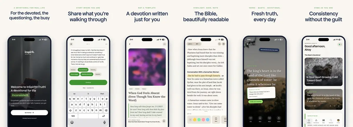 App Store screen sheet for a devotional app: six phones, each under its own headline, from “For the devoted, the questioning, the busy” to “Consistency without the guilt”.