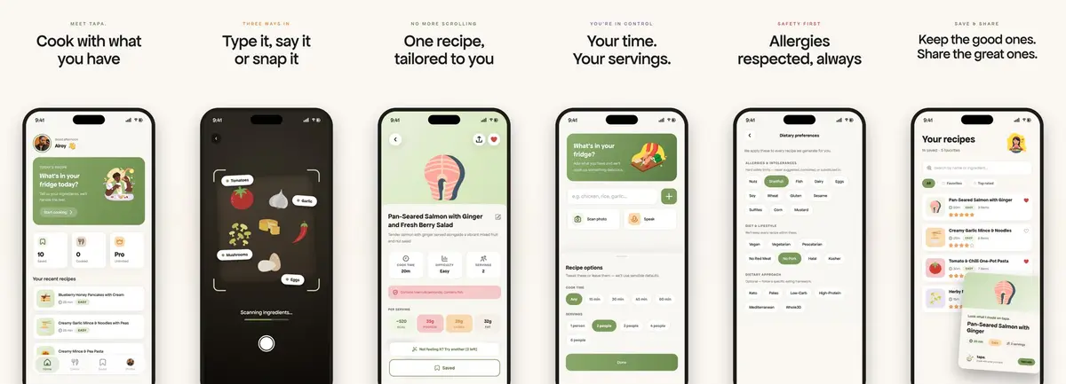 App Store screen sheet for a recipe app: six phones under headlines from “Cook with what you have” to “Keep the good ones. Share the great ones.”