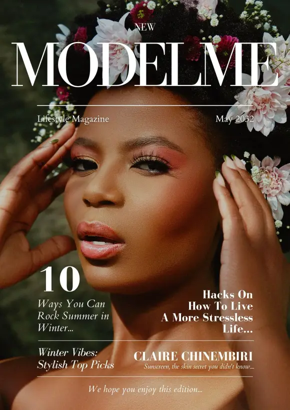 Beauty magazine cover, cover lines arranged around a studio portrait.
