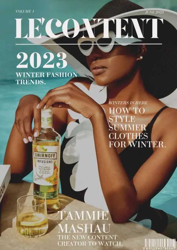 Winter fashion magazine cover, cover lines wrapped around a studio portrait.