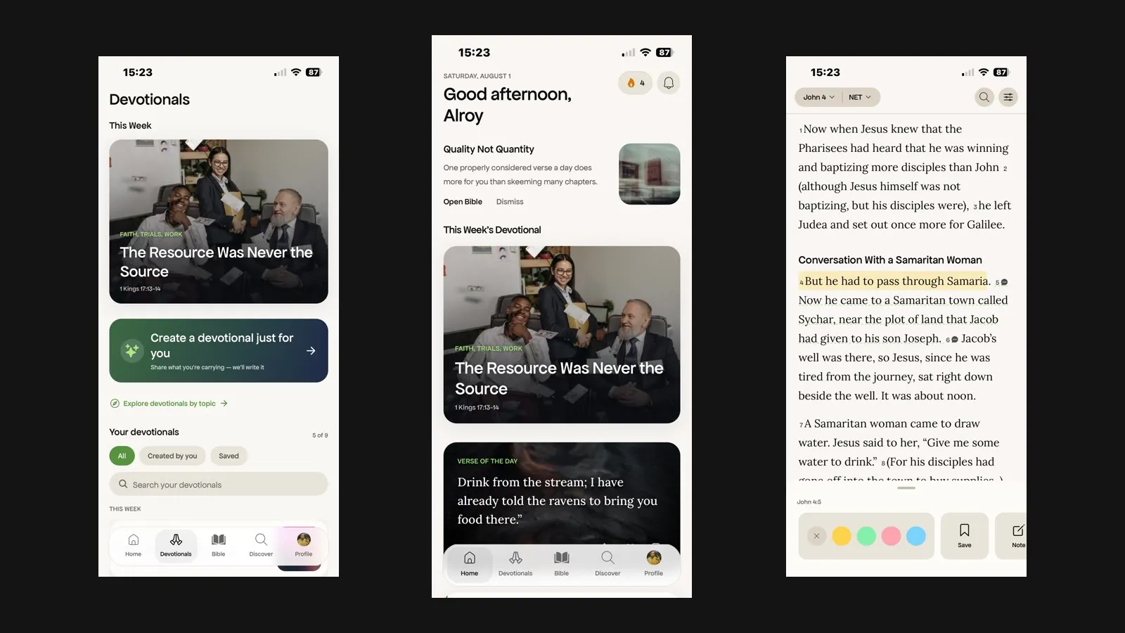 Three InSpiritInTruth screens: the devotionals library, the home screen, and the in-app Bible.