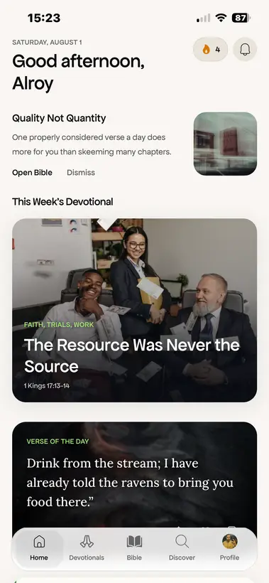Devotional app home screen: the week's devotional and verse of the day in a warm serif system.