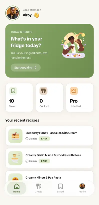 Recipe app home screen with the day's suggestion and a saved-recipe shelf.