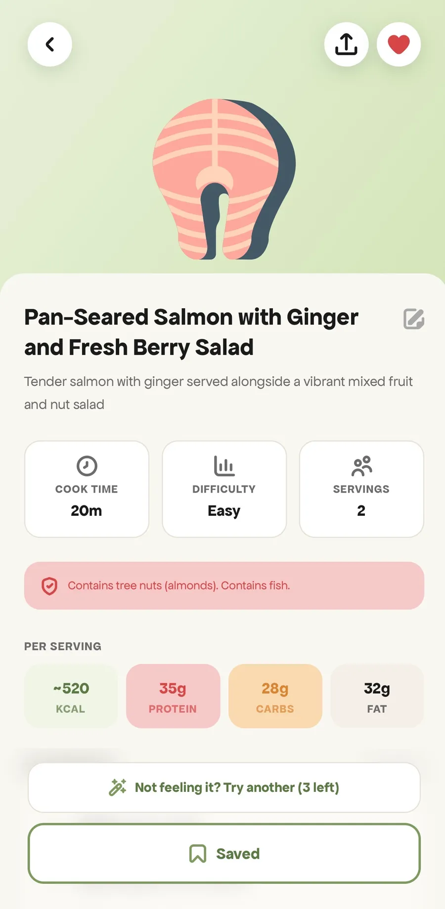One recipe: time, difficulty, nutrition, allergens flagged.