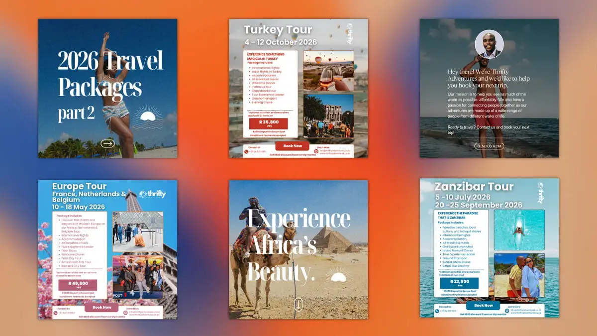 A grid of travel tour social posts covering Turkey, Europe and Zanzibar.