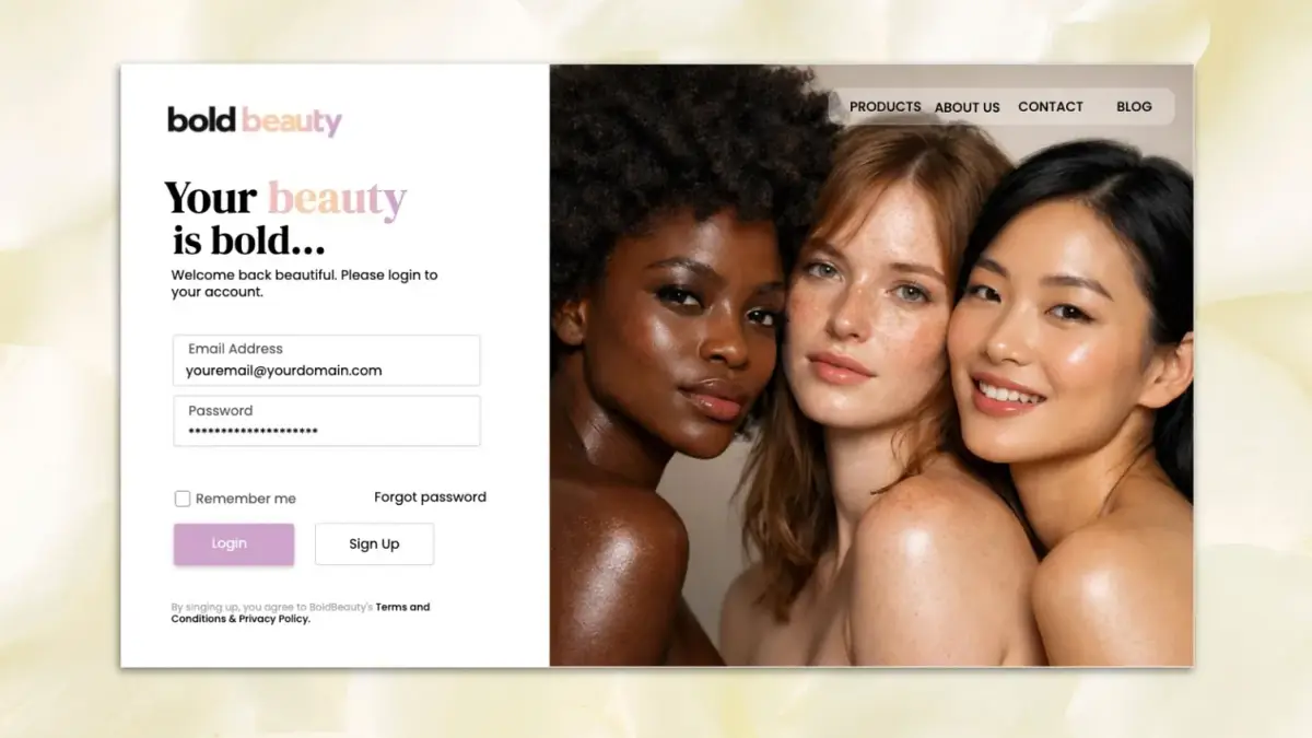 Sign-in screen for a beauty booking app, the form on the left and a trio of portraits filling the right half.